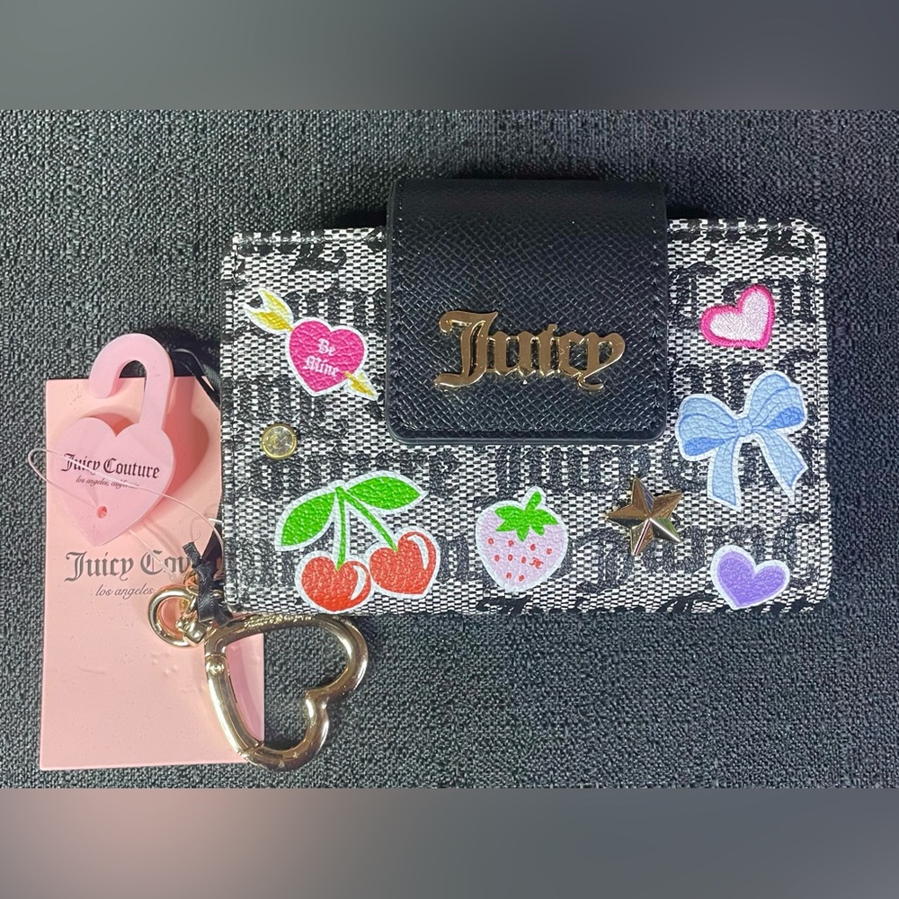 Juicy Couture All Things Juicy Tab Card Wallet Coins Black Tan Fruits Hearts NWT